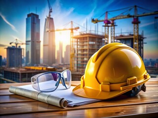 Hard hat and safety goggles on a table, surrounded by construction equipment and blueprints, in a modern industrial