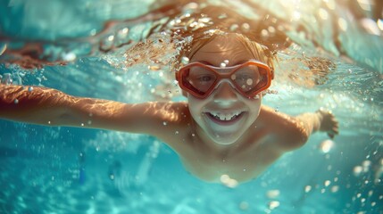 cute smiling child having fun swimming and diving in the pool at the resort on summer vacation. sun 