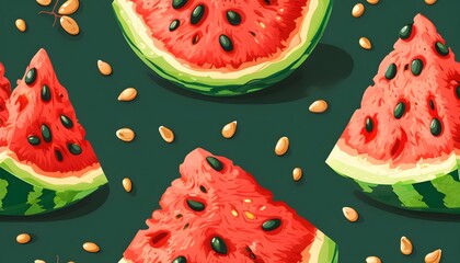 Tropical Watermelon Seamless Pattern Featuring Vibrant Red Texture, Juicy Slices, and Green Striped Accents