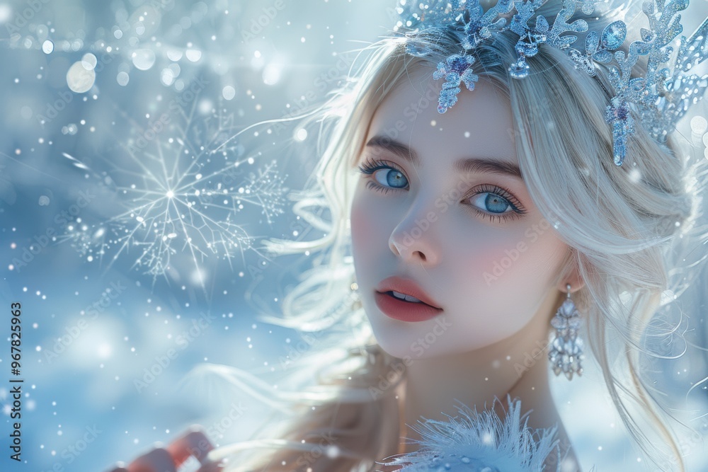 Elegant ice queen in a sparkling crown shines in a winter wonderland ...