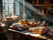 © MIN_NK - A rustic bakery counter filled with fresh pastries, bathed in warm sunlight streaming through a window.