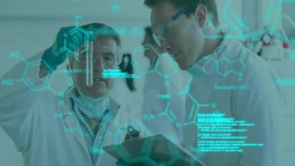 Poster - animation of data processing and chemical formula over caucasian scientists doing experiment in lab