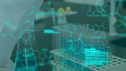 Poster - Animation of data processing and chemical formula over caucasian scientist doing experiment in lab