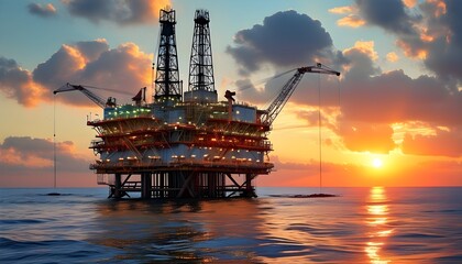 Oil Trading Dynamics: Barrels, Stock Charts, and Offshore Rigs Against a Golden Sunset