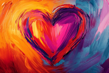 Wall Mural - A vibrant love-themed design with a large heart created from abstract, colorful brushstrokes in shades of red, orange, and purple, on a glossy background.