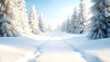 © sathon - Winter trail, with fresh snow and tall trees, 3D illustration, copy space for text,