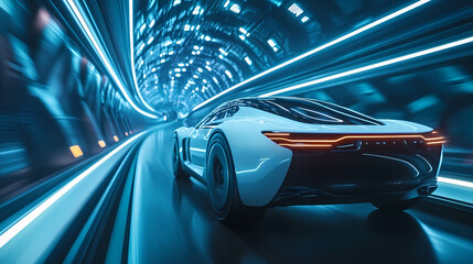 A modern car navigates through a futuristic tunnel filled with sleek design and technological marvels. Futuristic Vehicle. Illustration