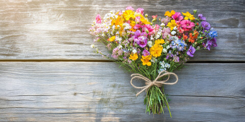 A whimsical heart-shaped bouquet of wildflowers in bright colors, tied with a rustic twine bow, placed on a wooden surface with soft sunlight.