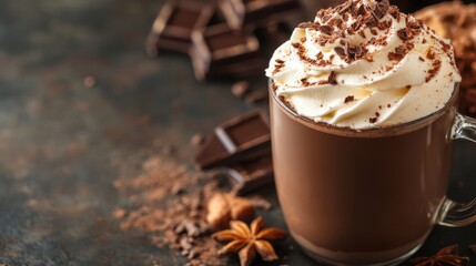 Canvas Print - winter comfort food concept banner featuring rich hot chocolate topped with a mountain of whipped cream and chocolate shavings, a truly indulgent treat