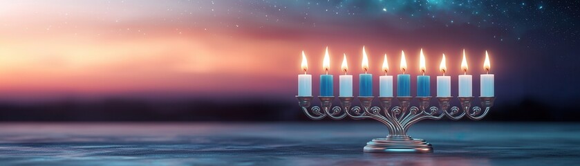 Wall Mural - Menorah with Burning Candles Against a Night Sky.