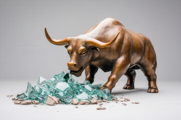 Bronze bull sculpture standing aggressively over broken glass shards, symbolizing strength, economic power, and resilience in finance.