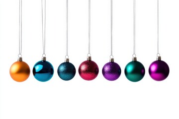 Colorful hanging Christmas ornaments arranged in a row, perfect for holiday decor and festive celebrations.