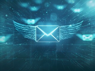 Poster - Winged Email Icon Soaring Through Dynamic Digital Landscape