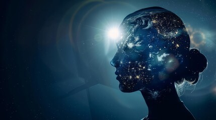 Silhouette of a woman's head with a starry sky and Earth superimposed, representing the universe within.