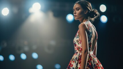 A model confidently walks on the runway in a floral-patterned dress at a fashion show. Concept Fashion Show, Runway, Floral Dress, Confident Model, Catwalk Walk 