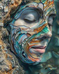 Wall Mural - A surreal representation of a face intricately formed with colorful, layered textures resembling natural elements against a blurred background