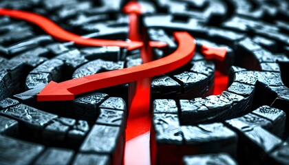 Navigating Challenges: A Red Arrow Through a Complex Black Maze Symbolizing Solutions and Overcoming Obstacles