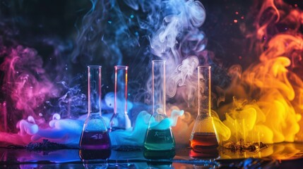 Colorful chemistry experiment with smoke in test tube and glass bottle. Concept Chemistry Experiment, Smoke, Test Tube, Glass Bottle, Colorful Reactions 