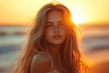 Attractive girl with long blonde hair and sun-kissed skin, wearing a flowy summer dress, posing against a warm orange sunset background, evoking beach vibes.