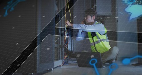 Poster - Animation of data processing over asian worker using laptop and smartphone in server room