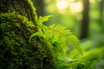 Close-Up of Dripping Moss and Ferns on Ancient Tree Trunks