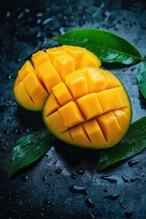 Wall Mural - Mango cut in half on black surface