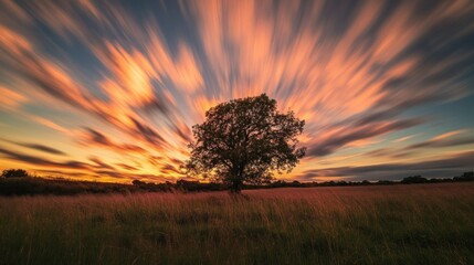 Wall Mural - A serene sunset landscape featuring a solitary tree against a vibrant sky.