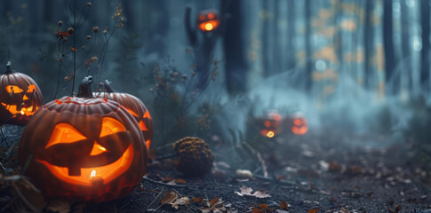 Wall Mural - Spooky Halloween pumpkins in a misty forest path.