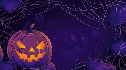 Wall Mural - An illustration of a spiderweb Halloween pumpkin, ghost border in flat lay format