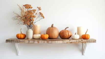 Canvas Print - Fall-themed kitchen decor with pumpkins on a wooden shelf. Kitchen banner on white wall background.