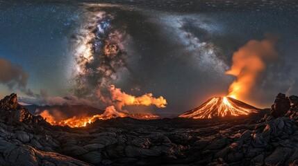 A stunning panoramic view of a volcanic eruption under a starry night sky.