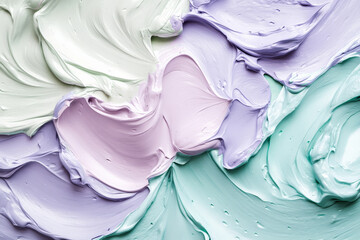 Liquid paints in soft, pastel colors of lavender, pale blue, and mint green, blending smoothly with a matte texture for a calming, delicate look.