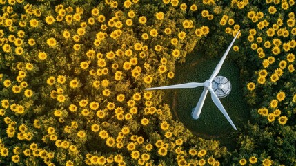 Poster - Aerial view of a wind turbine surrounded by vibrant sunflower fields.