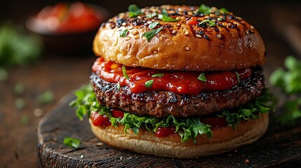 Artistic pour of ketchup in a spiral shape on a fresh sandwich, highlighting the ingredients.