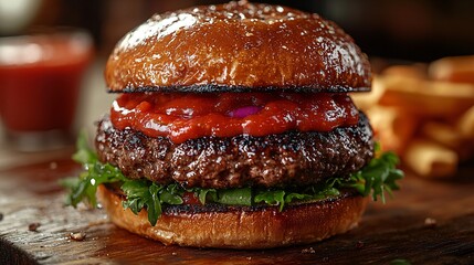close-up of ketchup being squeezed onto a juicy hamburger, highlighting the vibrant red sauce.