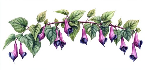 A beautiful illustration of a flowering branch featuring delicate purple blooms and lush green leaves, perfect for botanical designs.