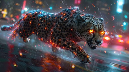 Mechanical cheetah racing through an urban jungle, with neon lights reflecting off its streamlined body