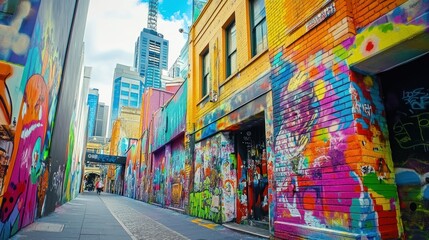 Canvas Print - A vibrant alleyway adorned with colorful street art and graffiti in an urban setting.