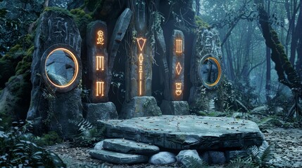 Wall Mural - Mysterious stone pillars with glowing symbols in a dark forest.