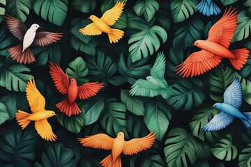 Colorful birds flying in a lush green tropical forest