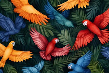 Colorful parrots flying in a tropical jungle setting