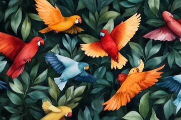 Watercolor illustration of colorful parrots flying amidst lush green leaves.