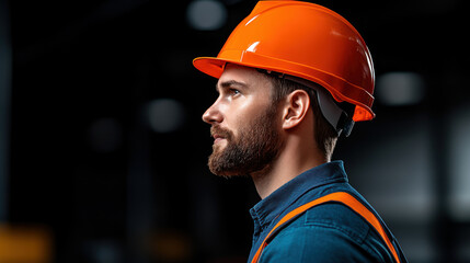 A close-up side profile of a male worker in a safety hard hat and vest, standing in an industrial setting.