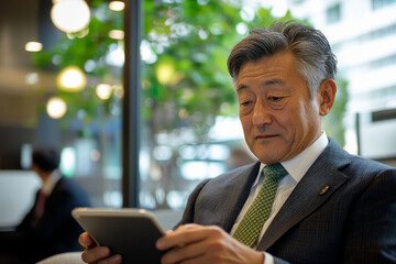 Senior Japanese businessman contentedly engaging with his tablet in a stylish, contemporary office.