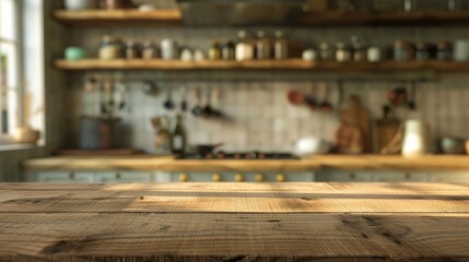 Wall Mural - Blurred kitchen items behind an empty wooden table