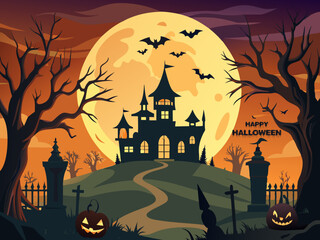 haunted house, bats flying at moon night halloween party banner or posters for social media post