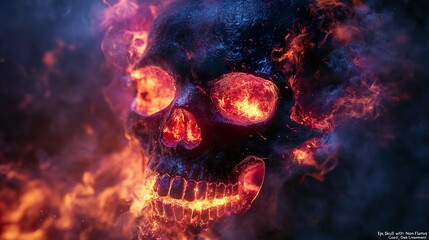 Neon skull ablaze with vibrant flames and glowing bones lighting up a dramatic dark scene.