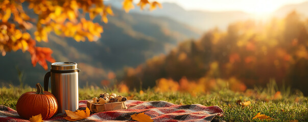 A cozy autumn picnic scene featuring a blanket, coffee thermos, pumpkin, and beautiful fall foliage under a glowing sunset.