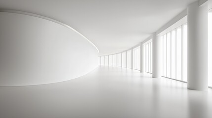 Wall Mural - Minimalist Architecture Concept with Curved Walls and Large Windows in a White Interior Space