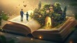 © Veayo - A large open book with an archway to a magical world is on the table in the room. There is a magical fairy tale world in the book. At the entrance